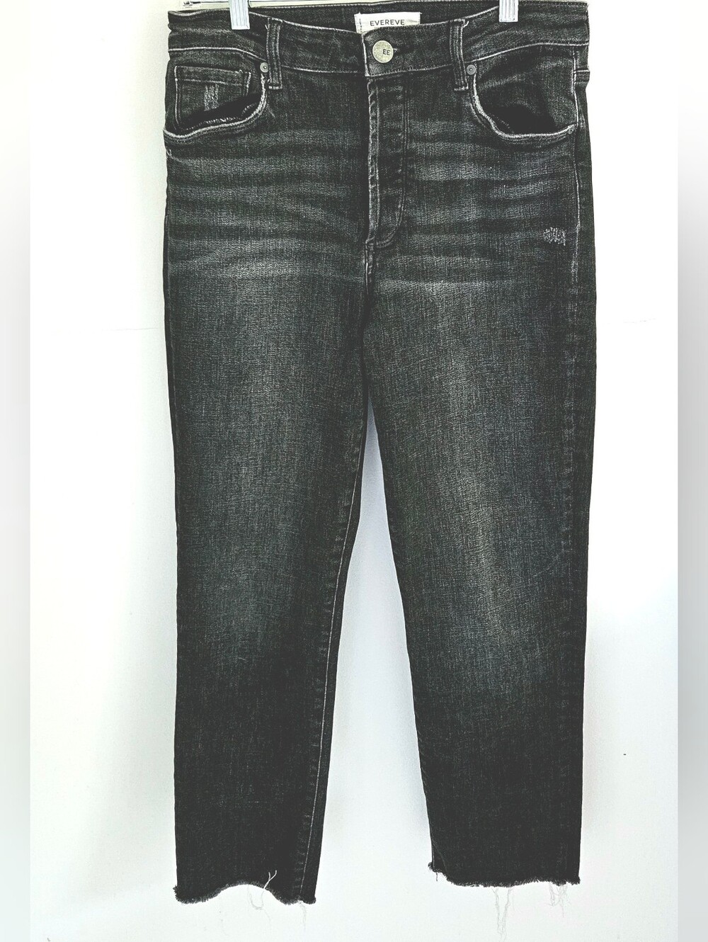 Evereve The Ever Straight Black Jeans Raw Hem Distressed